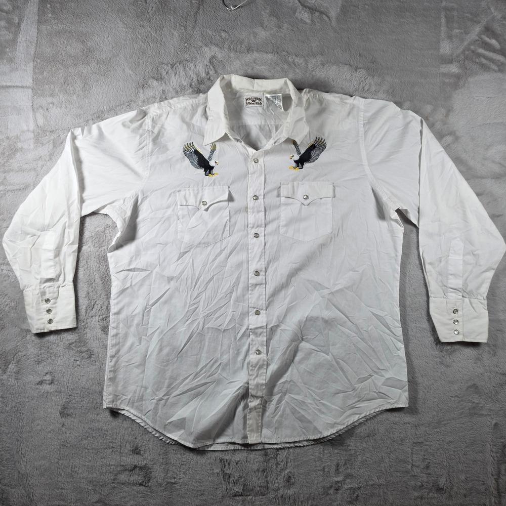 Western Frontier Eagle Pearl Snap Shirt Mens XL White Vintage Embroidered Cowboy
